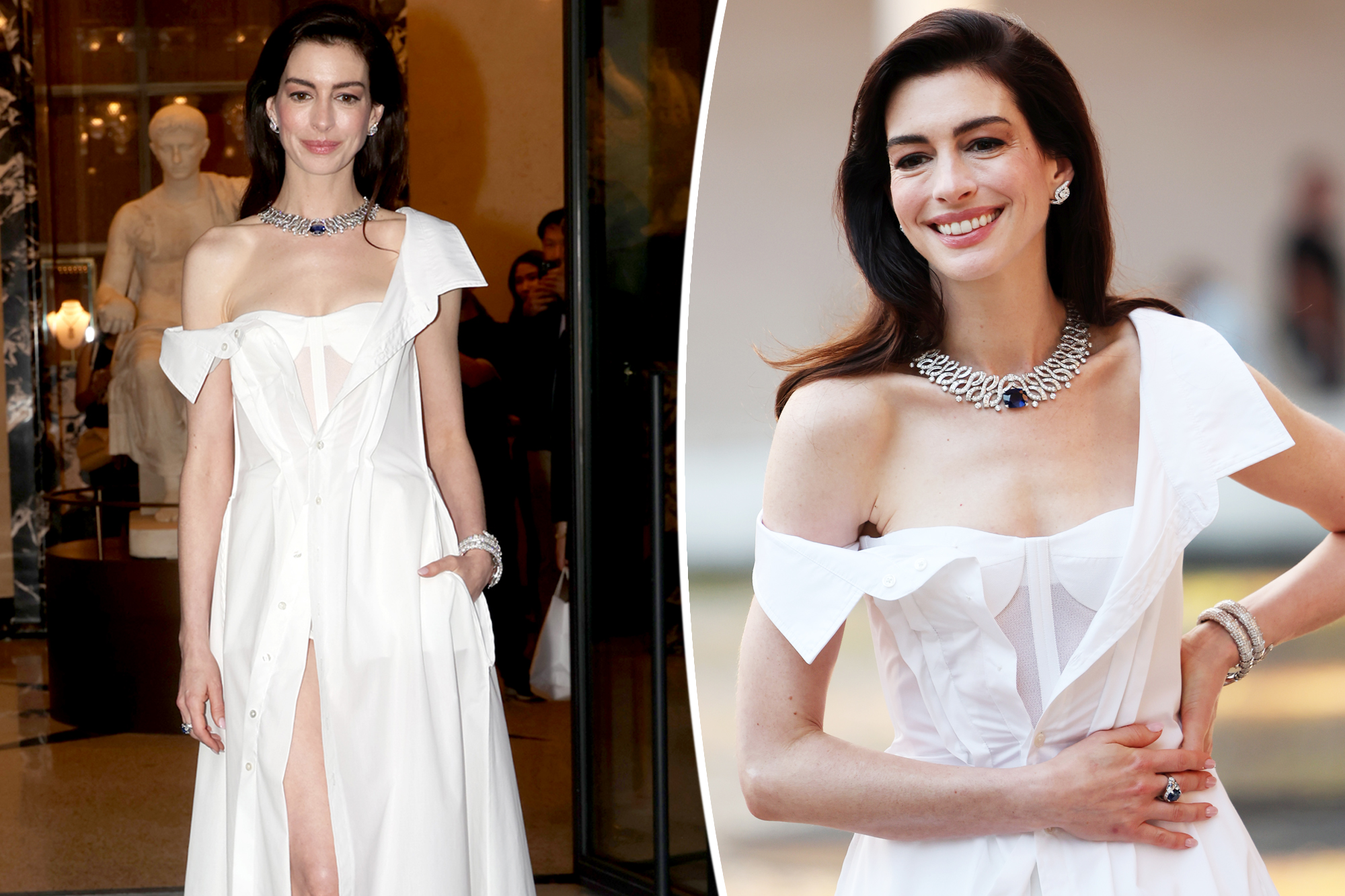 Anne Hathaway Shines in Gap Shirt Dress and Bulgari Diamonds