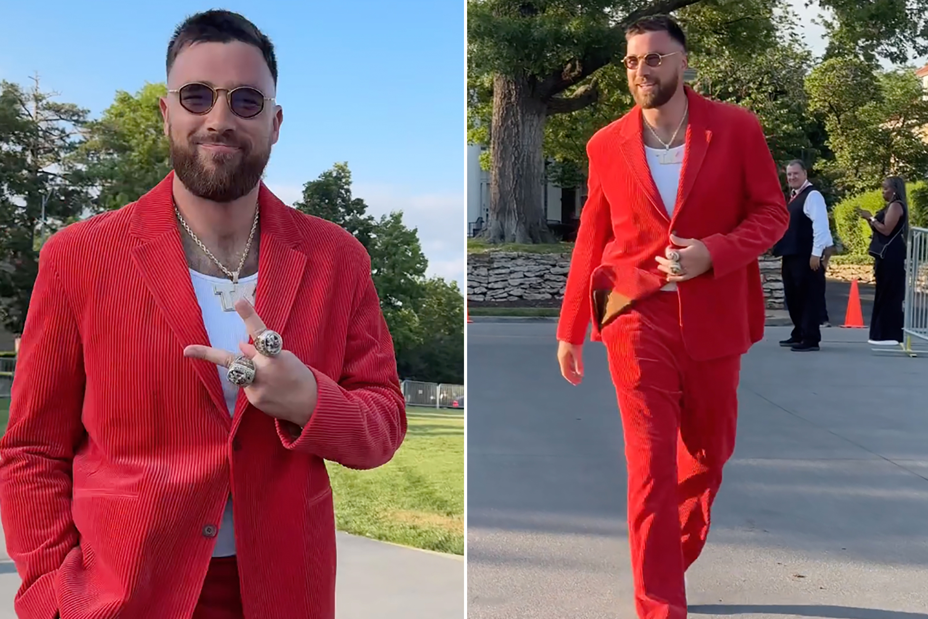 Travis Kelce Rocks Chiefs Red Corduroy Suit at Super Bowl Ring Ceremony - A Stylish Touchdown!