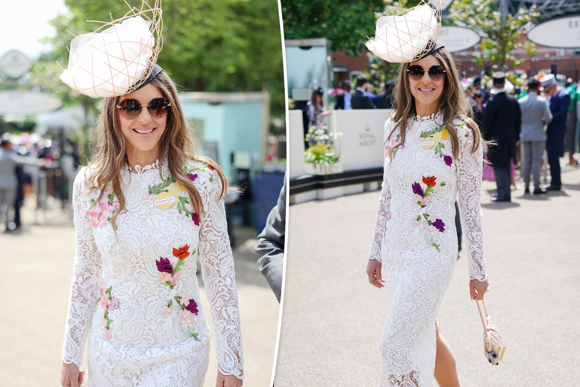 Elizabeth Hurley Stuns in Lace Dress and Whimsical Hat at Royal Ascot 2024